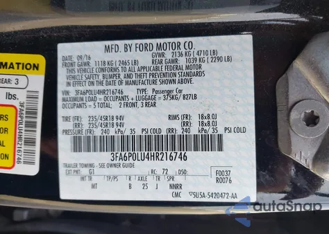 2017 Ford Fusion Hybrid Se z USA, uszkodzony, nr VIN 3FA6P0LU4HR216746